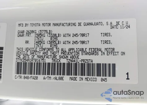 2024 Toyota Tacoma Sr 2Wd z USA, uszkodzony, nr VIN 3TYKD5HN1RT016751